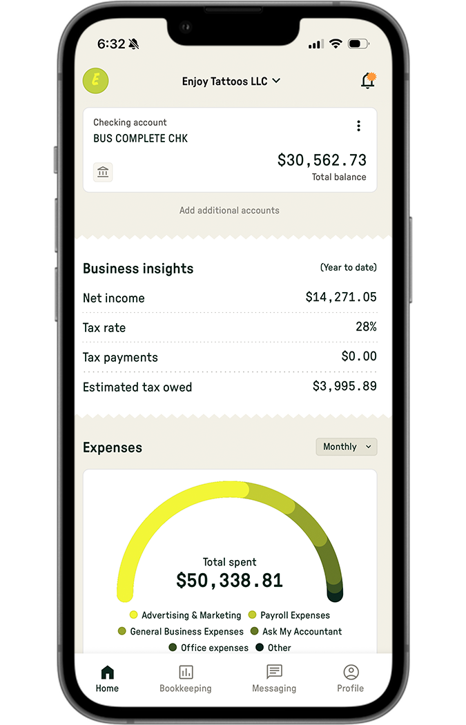 Illustrative Eagle app preview of business insights and bookkeeping.